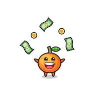 illustration of the mandarin orange catching money falling from the sky vector