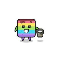 rainbow cake mascot lifting kettlebell in the gym vector