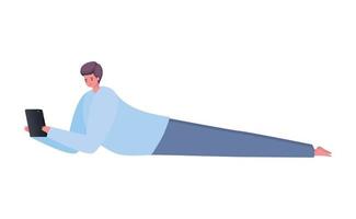 Man lying down with tablet working vector design