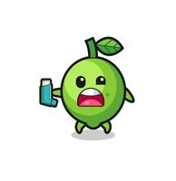 lime mascot having asthma while holding the inhaler vector