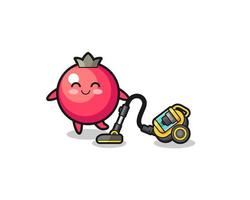 cute cranberry holding vacuum cleaner illustration vector