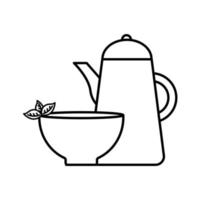 Taza de té con hojas y diseño de vector de icono de estilo de línea de tetera