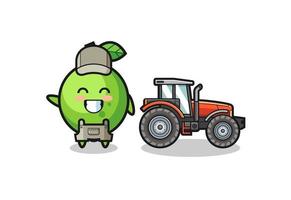 La mascota del granjero de cal de pie junto a un tractor. vector