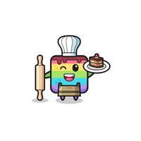 rainbow cake as pastry chef mascot hold rolling pin vector