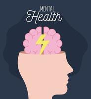 mental health with brain and thunder inside head vector design