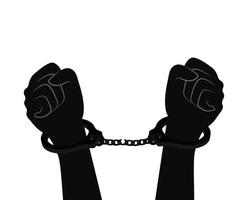 silhouette of two hands with a fist and handcuff on white background