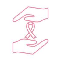 breast cancer ribbon between hands line style icon vector design