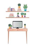 desk with computer and shelves with plants and books vector design