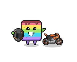 lindo pastel de arco iris de dibujos animados como piloto de motos vector