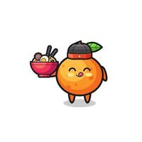 mandarin orange as Chinese chef mascot holding a noodle bowl vector