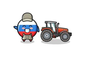 La mascota del granjero de la bandera de Rusia de pie junto a un tractor vector