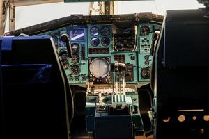 SINSHEIM, GERMANY - OCTOBER 16, 2018 Technik Museum. Old analog cockpit of the plane. Inside near pilot seats