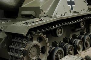 SINSHEIM, GERMANY - OCTOBER 16, 2018 Technik Museum. Close up photo of the old tank standing indoors at exhibition