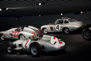 STUTTGART, GERMANY - OCTOBER 16, 2018 Mercedes Museum. Sport cars parked on the black surface. Silver colored vehicles