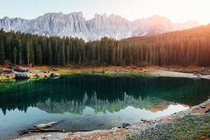 Nice reflection in water. Autumn landscape with clear lake, fir forest and majestic mountains photo