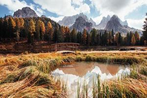 Amazing view of majestic mountains with woods in front of them at autumn day. Puddle that goes from the lake with little bridge in the center photo