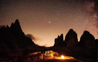 Hills captured at night with colorful stars and milky way on background. Tourists in the tent. Tre Cime mountains with three peaks