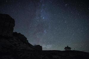 Milky way on the horizon. View from mountain with small building on it photo