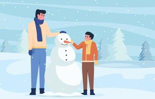 Father and Son Make a Big Snowman in the Snowfall vector