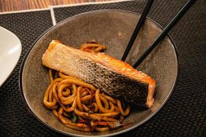 Noodle with salmon on restaurant photo