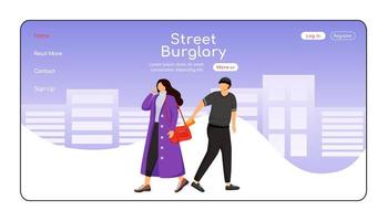 Street burglary landing page flat color vector template. Thief stealing wallet. Pickpocket. Homepage layout. One page website interface with cartoon character. Web banner, webpage