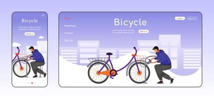 Bicycle theft adaptive landing page flat color vector template. Man stealing bike. Street burglar mobile and PC homepage layout. Outdoor robbery one page website UI. Webpage cross platform design