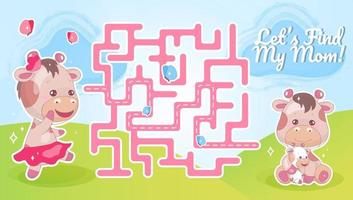 Lets find my mom labyrinth with cartoon character template. Animal searching for child find path maze with solution for educational kids game. Cute cow looking for calf printable flat vector layout