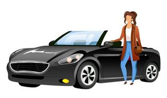 Girl standing by car flat color vector faceless character. Smiling young woman buying black cabriolet isolated cartoon illustration for web graphic design and animation. Auto dealership customer