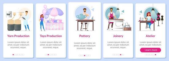 Production fields onboarding mobile app screen vector template. Yarn making. Pottery. Joinery. Atelier. Walkthrough website steps with flat characters. UX, UI, GUI smartphone cartoon interface concept