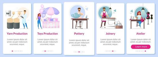 campos de producción incorporando plantilla de vector de pantalla de aplicación móvil. fabricación de hilo. cerámica. carpintería. taller. paso a paso del sitio web con caracteres planos. concepto de interfaz de dibujos animados de smartphone ux, ui, gui