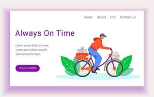 Always on time landing page vector template. Post service bike delivery website interface idea with flat illustrations. Paperboy with news homepage layout, web banner, webpage cartoon concept