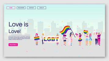 Plantilla de vector de página de aterrizaje de protesta lgbt. love is love idea de interfaz de sitio web con ilustraciones planas. diseño de la página de inicio del desfile del orgullo. banner web de demostración de comunidad gay, concepto de dibujos animados de página web