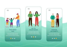 Charity activities onboarding mobile app screen vector template. Children, elderly and ecology care walkthrough website steps with flat characters. UX, UI, GUI smartphone cartoon interface concept