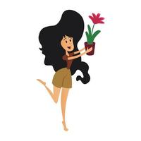 Positive girl with houseplant flat cartoon vector illustration. Pisces zodiac sign personality. Ready to use 2d character template for commercial, animation, printing design. Isolated comic hero