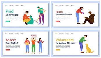 Voluntary activities landing page vector templates set. Charity website interface idea with flat illustrations. Social care and support homepage layout. Volunteer work web banner cartoon concept