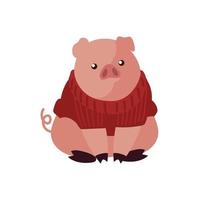 christmas, pig with sweater animal celebration vector