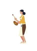 paint class art, artist female painter in apron with paintbrush and palette color vector