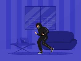 Apartment break-in flat color vector illustration. Burglar stealing property from flat. Housebreaking. House burglary. Criminal act. 2D cartoon character, interior on background