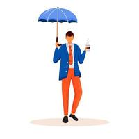 Businessman with umbrella flat color vector faceless character. Caucasian man standing with cup of coffee. Executive holding mug. White guy in suit and tie. Gentleman isolated cartoon illustration