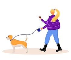 Woman walking dog flat color vector faceless character. Caucasian girl with coffee to go. Lady with drink and pet. Female with dog on leash. Weekend stroll isolated cartoon illustration