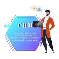 CRM flat color vector character quote. Smiling man keeps laptop. Customer relationship management. Business optimization. Citation blank frame template. Speech bubble. Quotation empty text box design