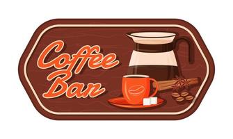 Coffee bar flat color vector label. Strong hot drinks packaging sticker. Spiced americano in mug. Traditional brew patch, signboard with typography. Pot with beverage isolated cartoon design element