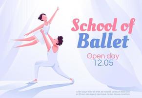 Plantilla de vector plano de banner de escuela de ballet. folleto, diseño de concepto de cartel con personajes de dibujos animados. Folleto horizontal del movimiento de los socios de danza del teatro, folleto con lugar para el texto