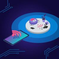 Robotic vacuum cleaner remote control isometric color vector illustration. Autonomous household equipment. Domestic appliance and smartphone connection 3d concept isolated on blue background