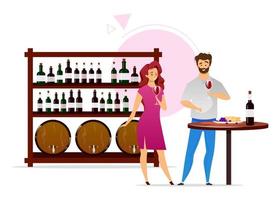 pareja en la ilustración de vector de color plano de bodega. vinificación, vinificación. hombre y mujer con vasos llenos. botellas y barriles. lagar. degustación. personaje de dibujos animados aislado en blanco