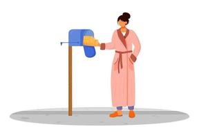 Woman in bathrobe receives post flat color vector illustration. Getting parcels from mailbox. Delivery services. Taking lettters from personal postbox isolated cartoon character on white background