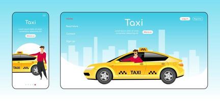 Taxi responsive landing page flat color vector template. Car order service homepage layout. One page website UI with cartoon character. Express cab delivery adaptive webpage cross platform design