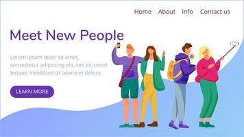 Meet new people landing page vector template. Making selfie with smartphone website interface idea with flat illustrations. Blogging homepage layout. Millennials web banner, webpage cartoon concept