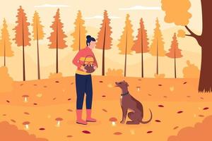 Mushroom picking in fall flat color vector illustration