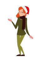 merry christmas woman with santa hat and scarf cartoon vector